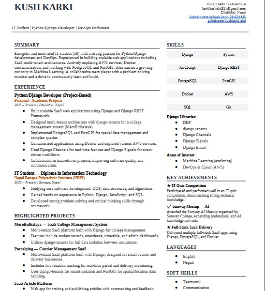 Kush Karki — Resume preview
